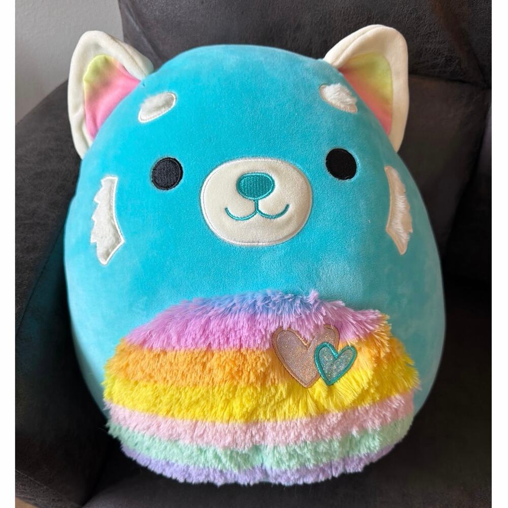 16-inch Squishmallow Vanessa the Red Panda Vibrant Blue Rainbow Tie-Dye Belly